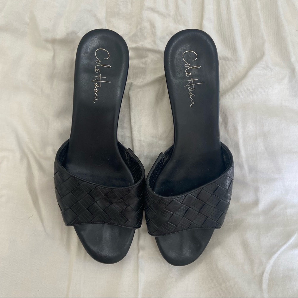 Cole Haan Black Woven Leather Platform Wedge Sandals